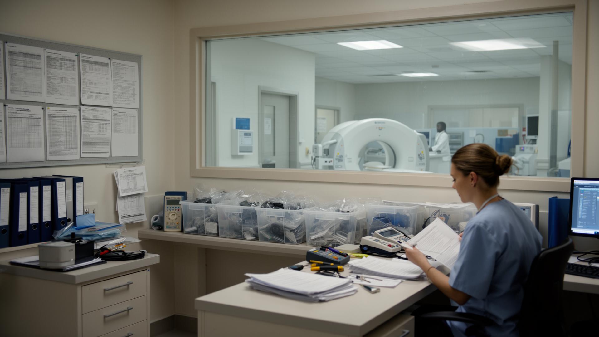 Hospital biomedical engineering office coordinating medical equipment documentation